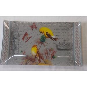 Vintage Style Glass Decoupage Bird Tray Yellow Songbirds Crown Butterfly Decor